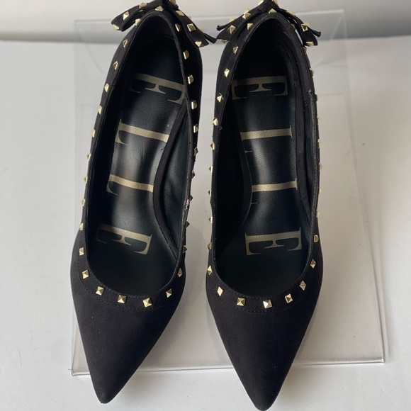 ELLE Women's Black Suede Pumps Heels Gold Studded Pointed Toe with Bow, Sz 8M - Picture 8 of 9